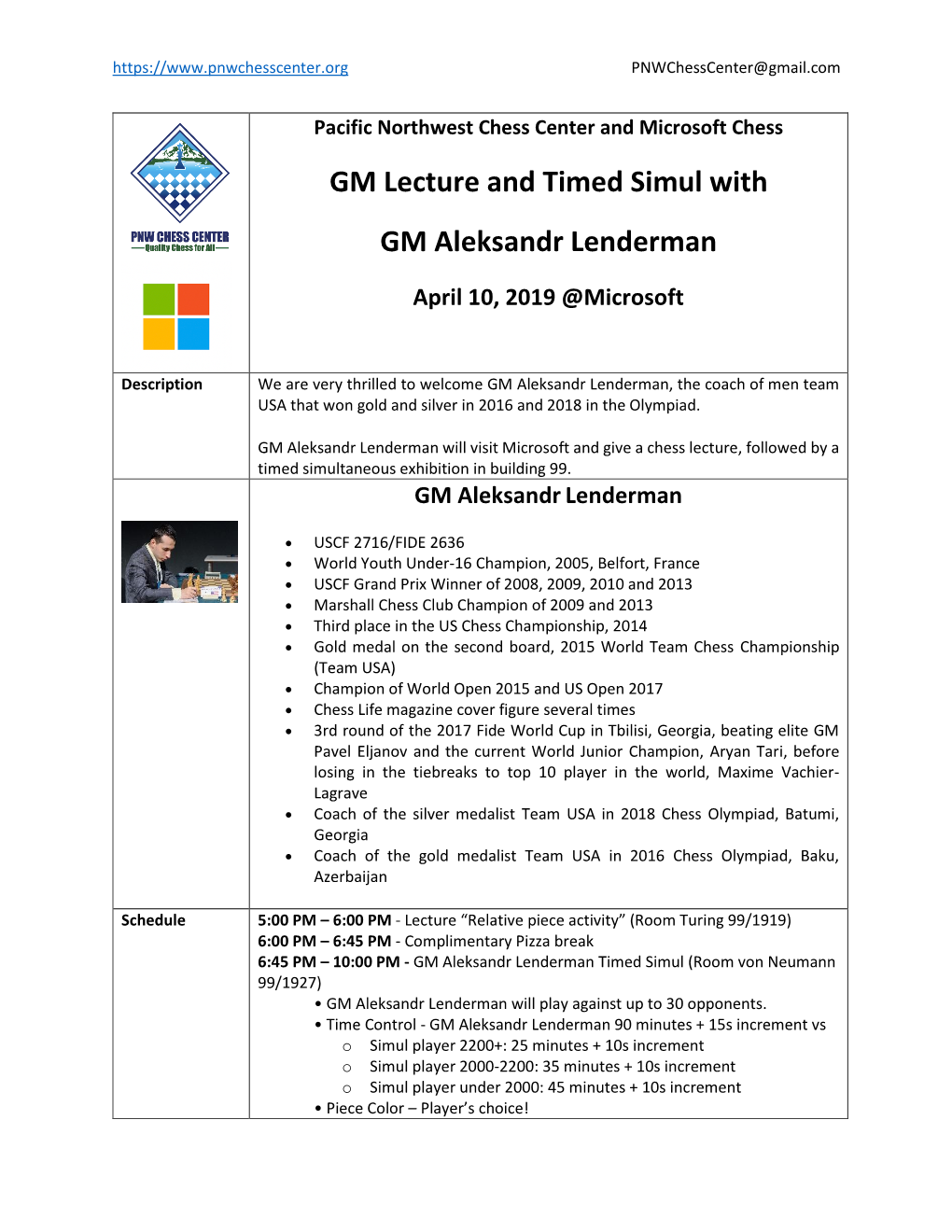 PNWCC GM Lecture and Timed Simul with GM Aleksandr Lenderman