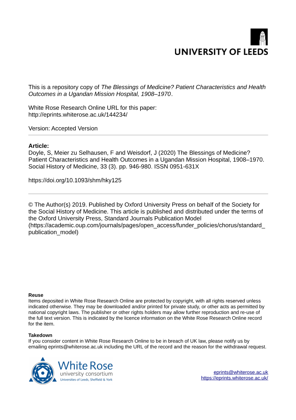 Patient Characteristics and Health Outcomes in a Ugandan Mission Hospital, 1908–1970