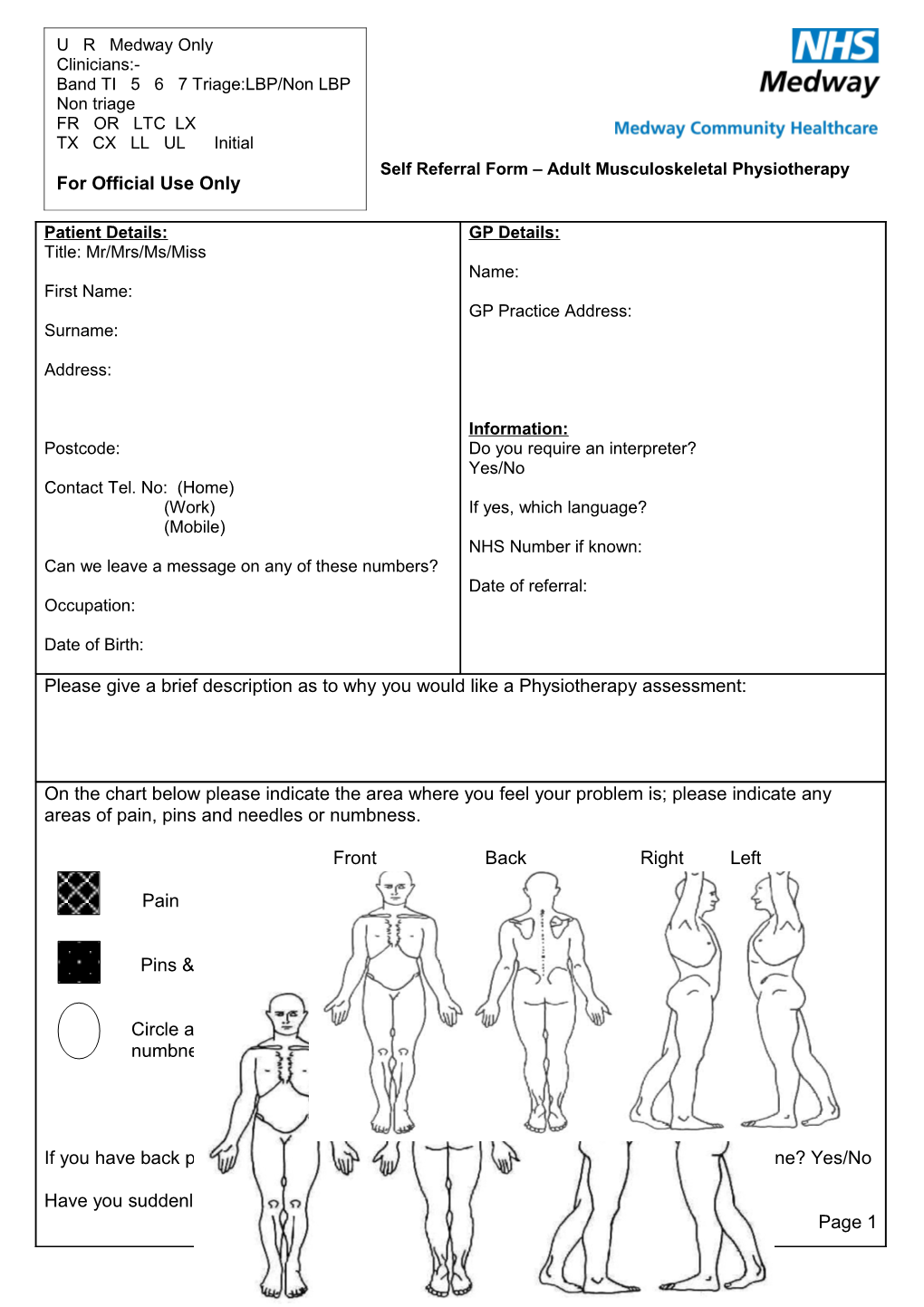 Self Referral Form Adult Musculoskeletal Physiotherapy