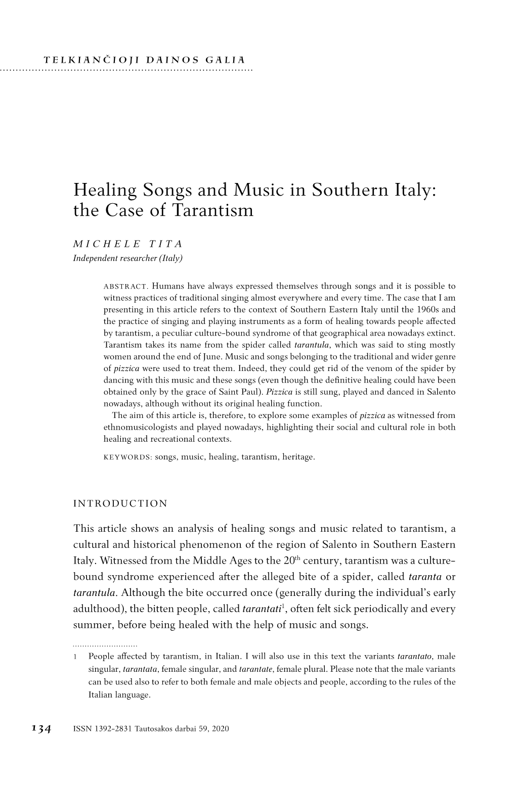 Healing Songs and Music in Southern Italy: the Case of Tarantism