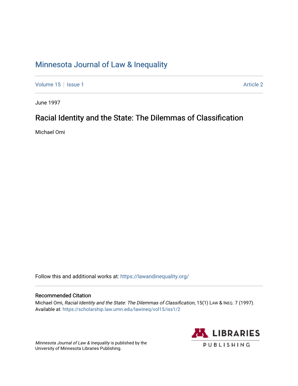 Racial Identity and the State: the Dilemmas of Classification