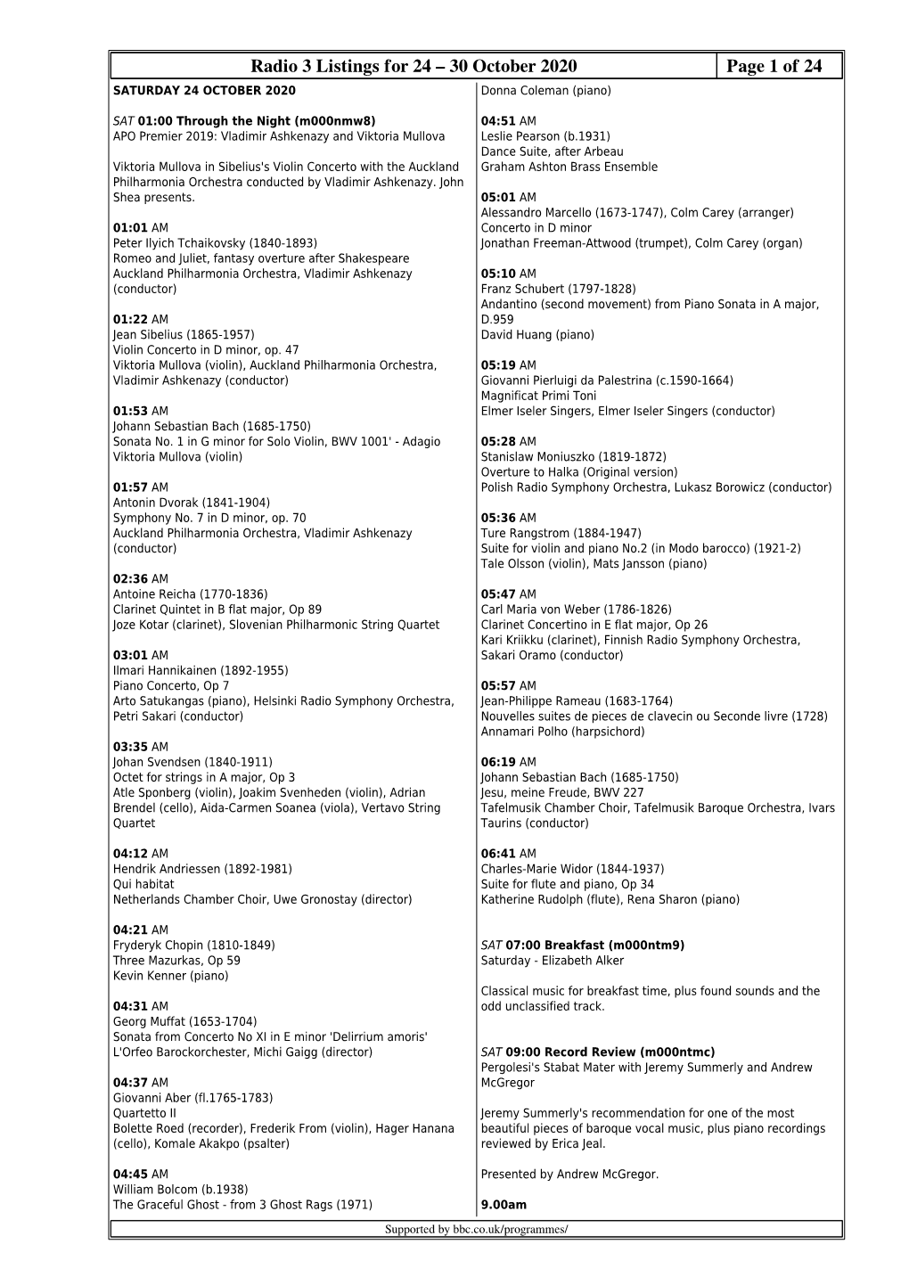 Radio 3 Listings for 24 – 30 October 2020 Page 1 of 24 SATURDAY 24 OCTOBER 2020 Donna Coleman (Piano)