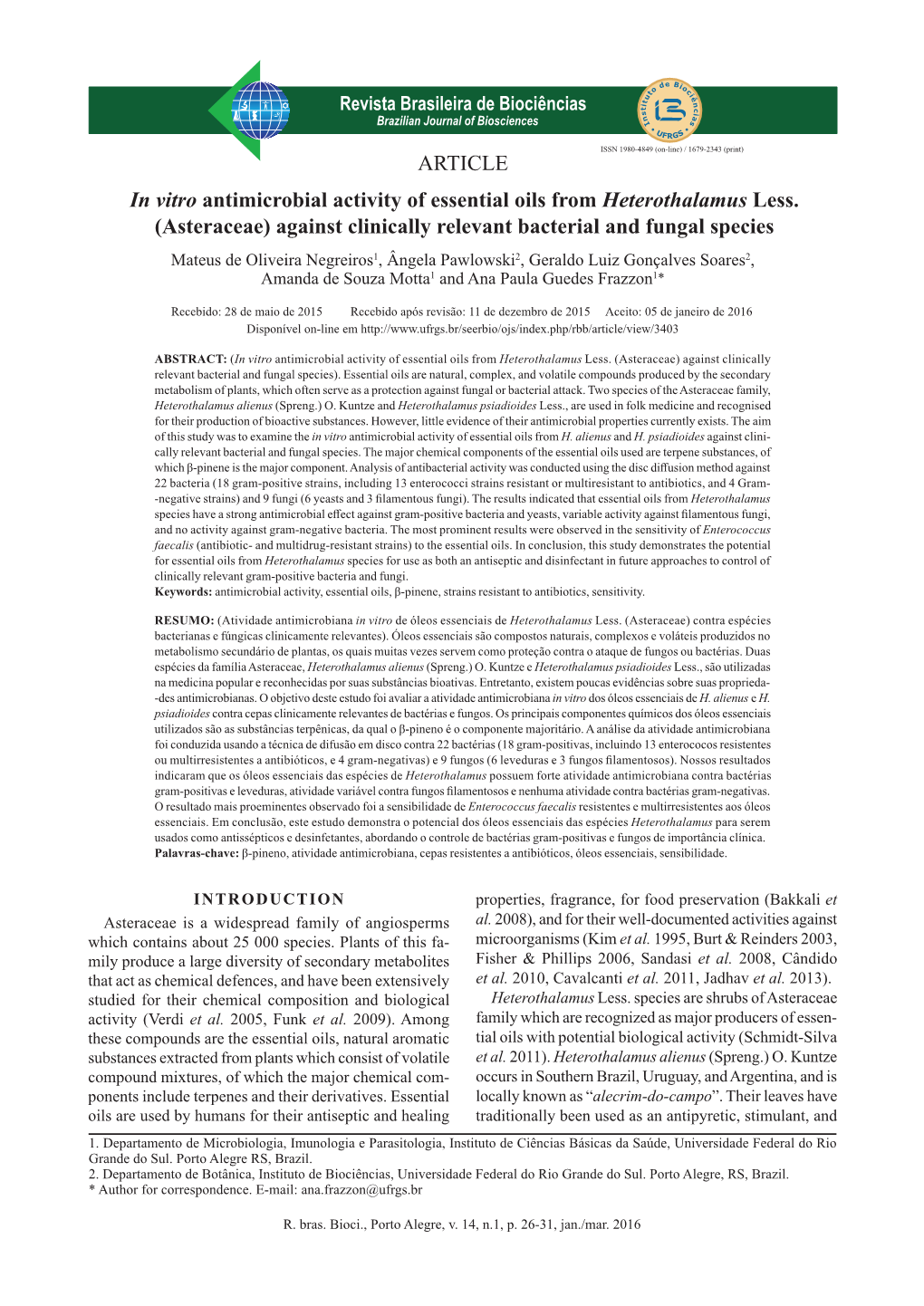 ARTICLE in Vitro Antimicrobial Activity of Essential Oils from Heterothalamus Less