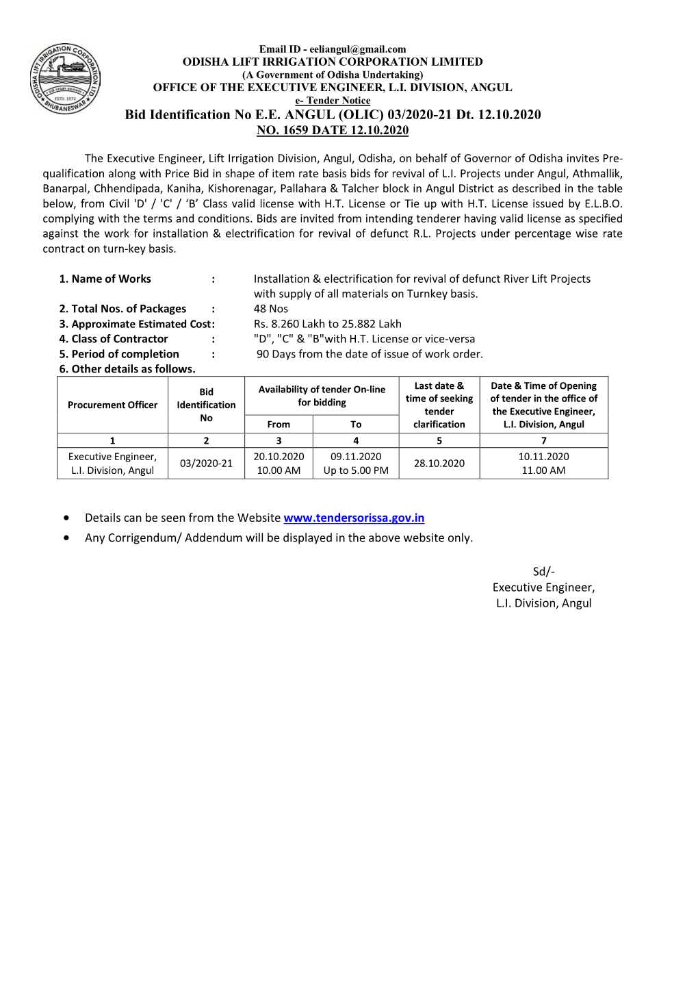 Bid Identification No E.E. ANGUL (OLIC) 03/2020-21 Dt. 12.10.2020 NO