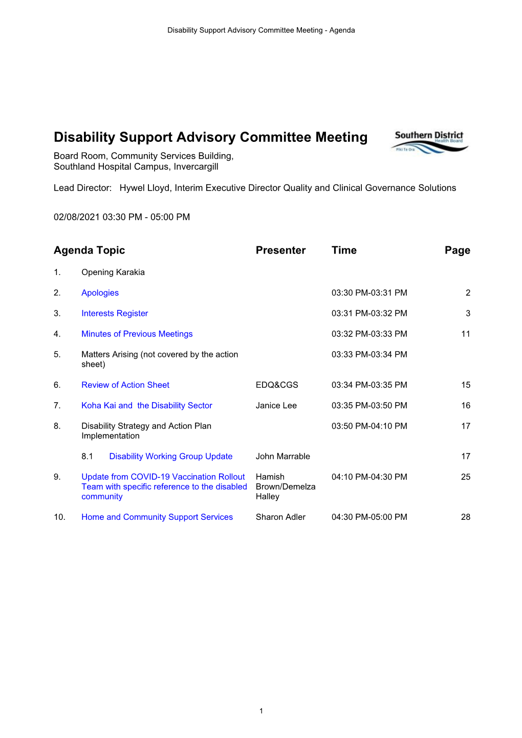 Disability Support Advisory Committee Meeting - Agenda
