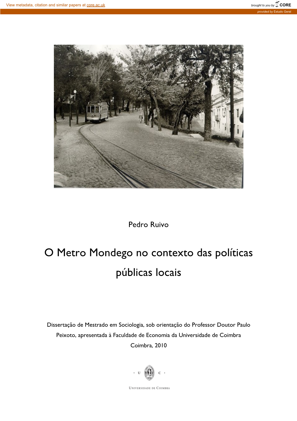O Metro Mondego No Contexto Das Políticas Públicas Locais