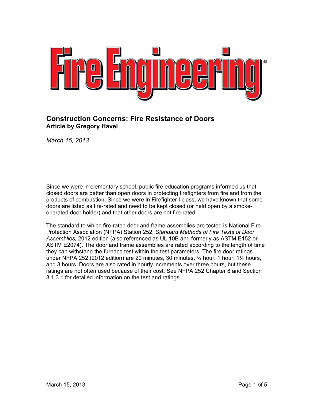 Construction Concerns: Fire Resistance of Doors Article by Gregory Havel