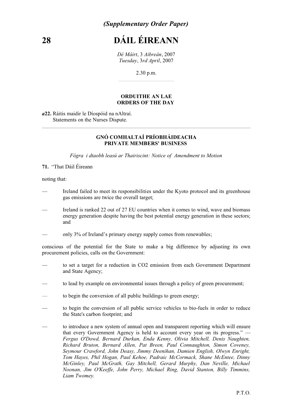 Supplementary Order Paper) 28 DÁIL ÉIREANN