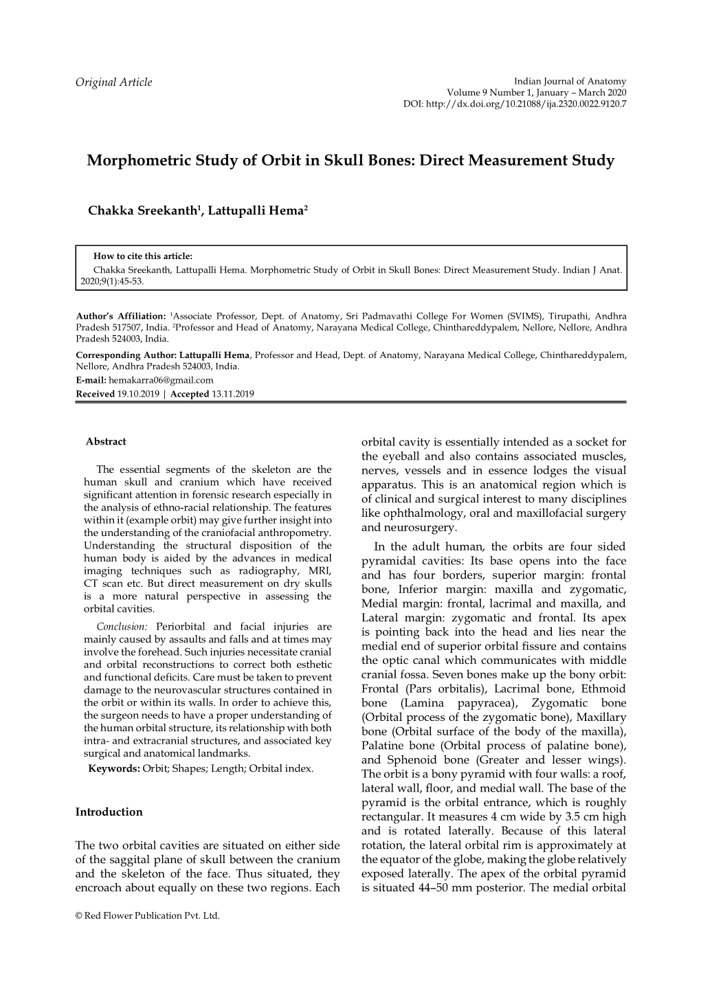 Morphometric Study of Orbit in Skull Bones: Direct Measurement Study