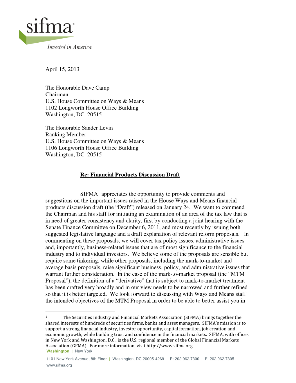 SIFMA Submits Comments to the US House Ways and Means Committee on the Committee's Financial Products Discussion Draft