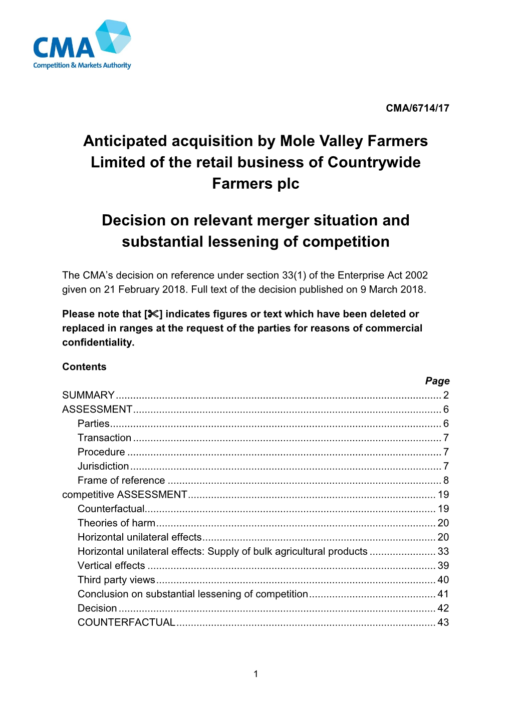 Anticipated Acquisition by Mole Valley Farmers Limited of the Retail Business of Countrywide Farmers Plc