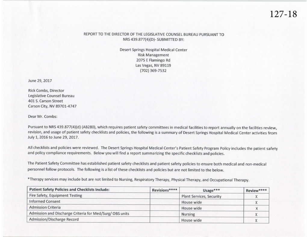 127-18 Patient Safety Checklists, Use and Policy