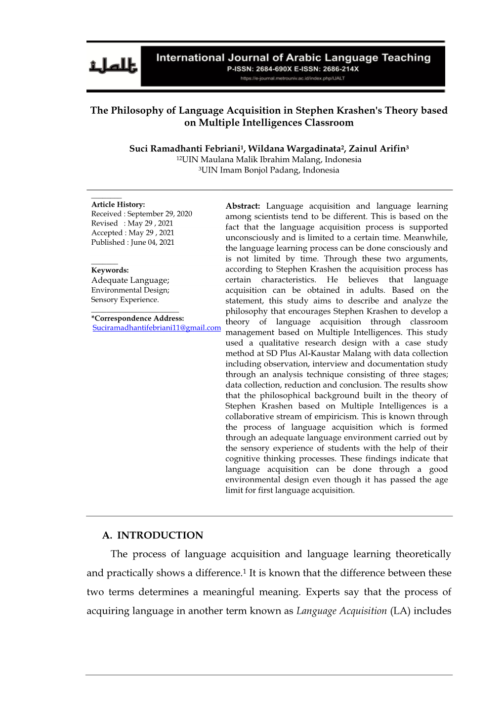 The Philosophy of Language Acquisition in Stephen Krashen's Theory Based on Multiple Intelligences Classroom