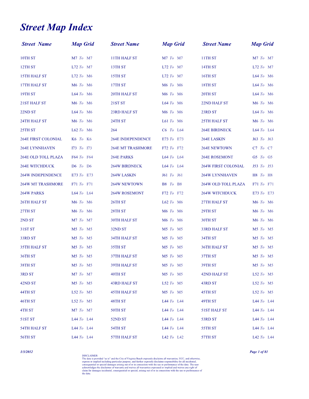 Street Map Index