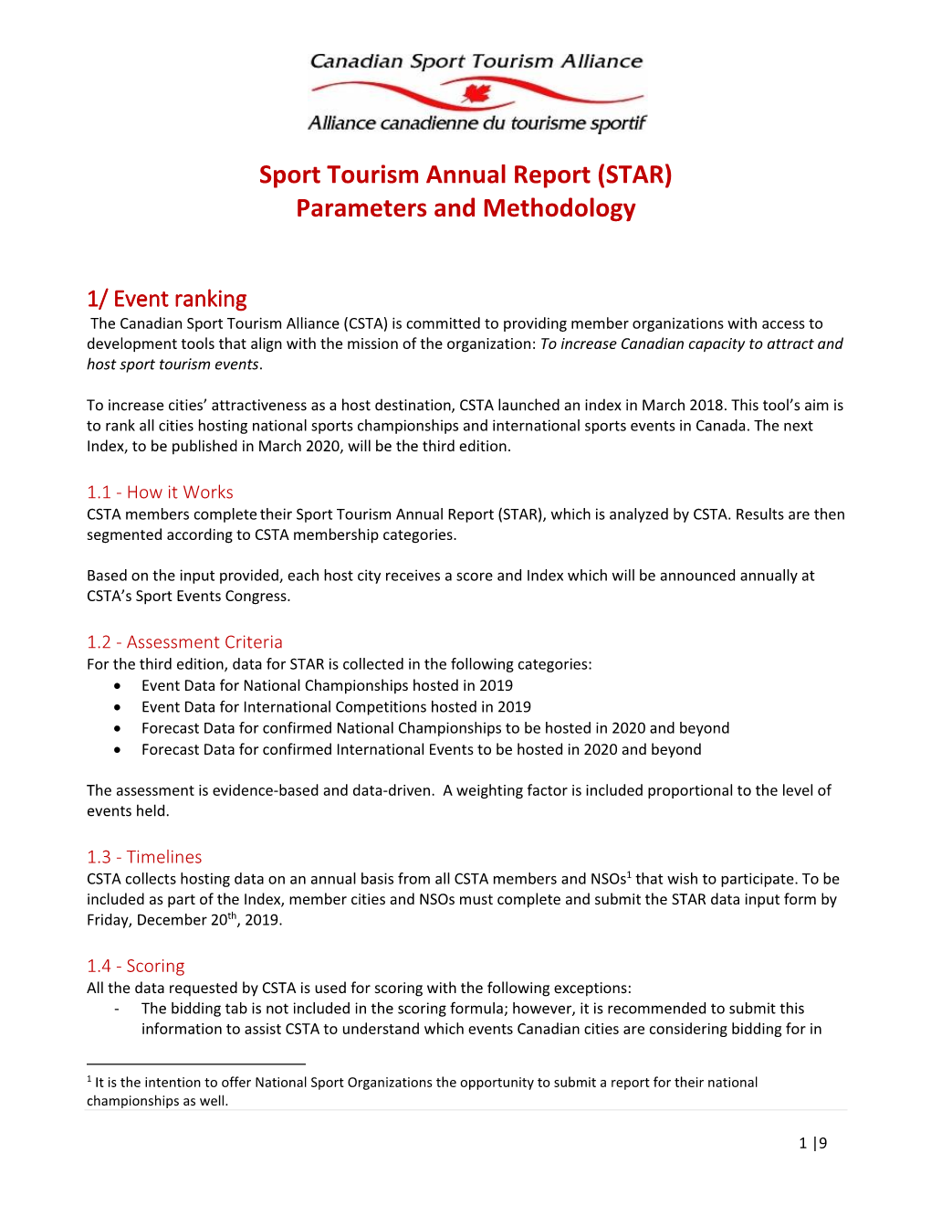 Sport Tourism Annual Report (STAR) Parameters and Methodology