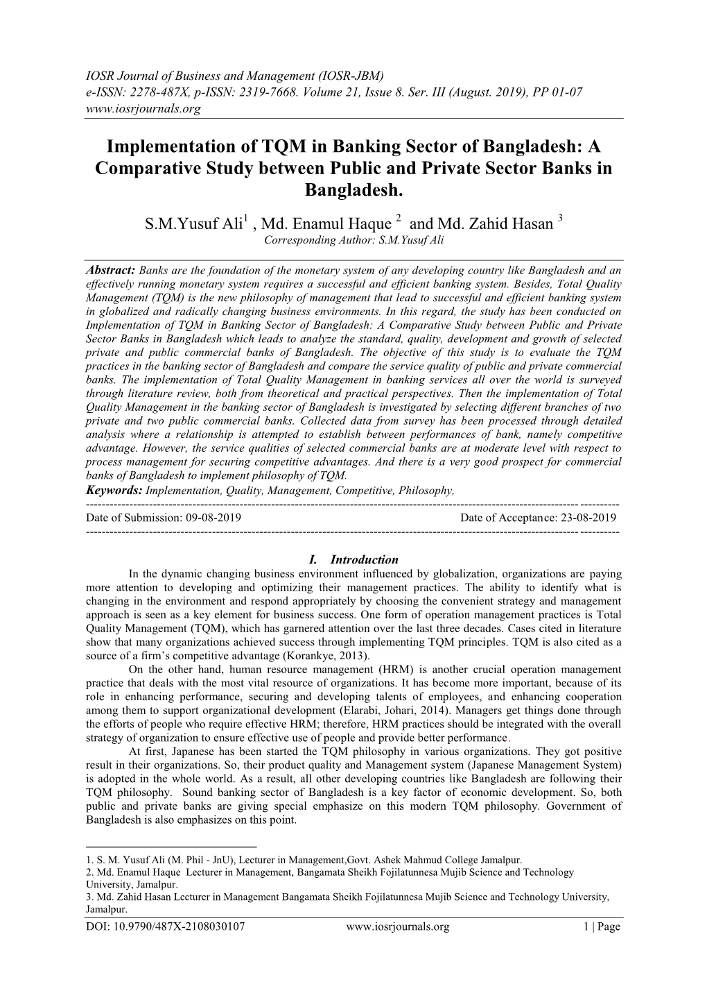 Implementation of TQM in Banking Sector of Bangladesh: a Comparative Study Between Public and Private Sector Banks in Bangladesh