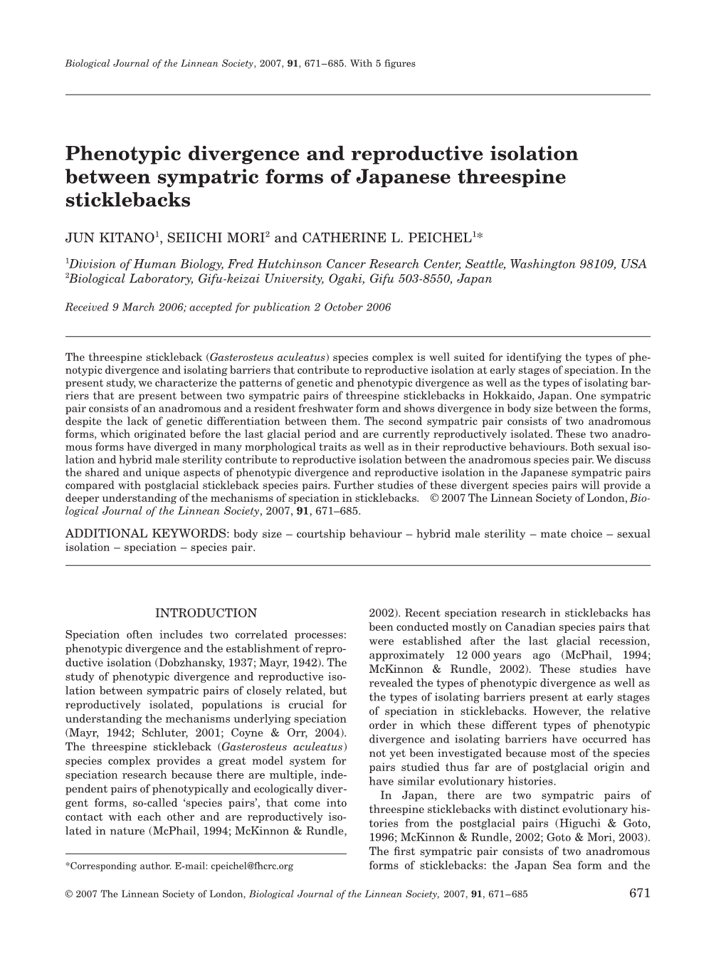 Phenotypic Divergence and Reproductive Isolation Between Sympatric Forms of Japanese Threespine Sticklebacks