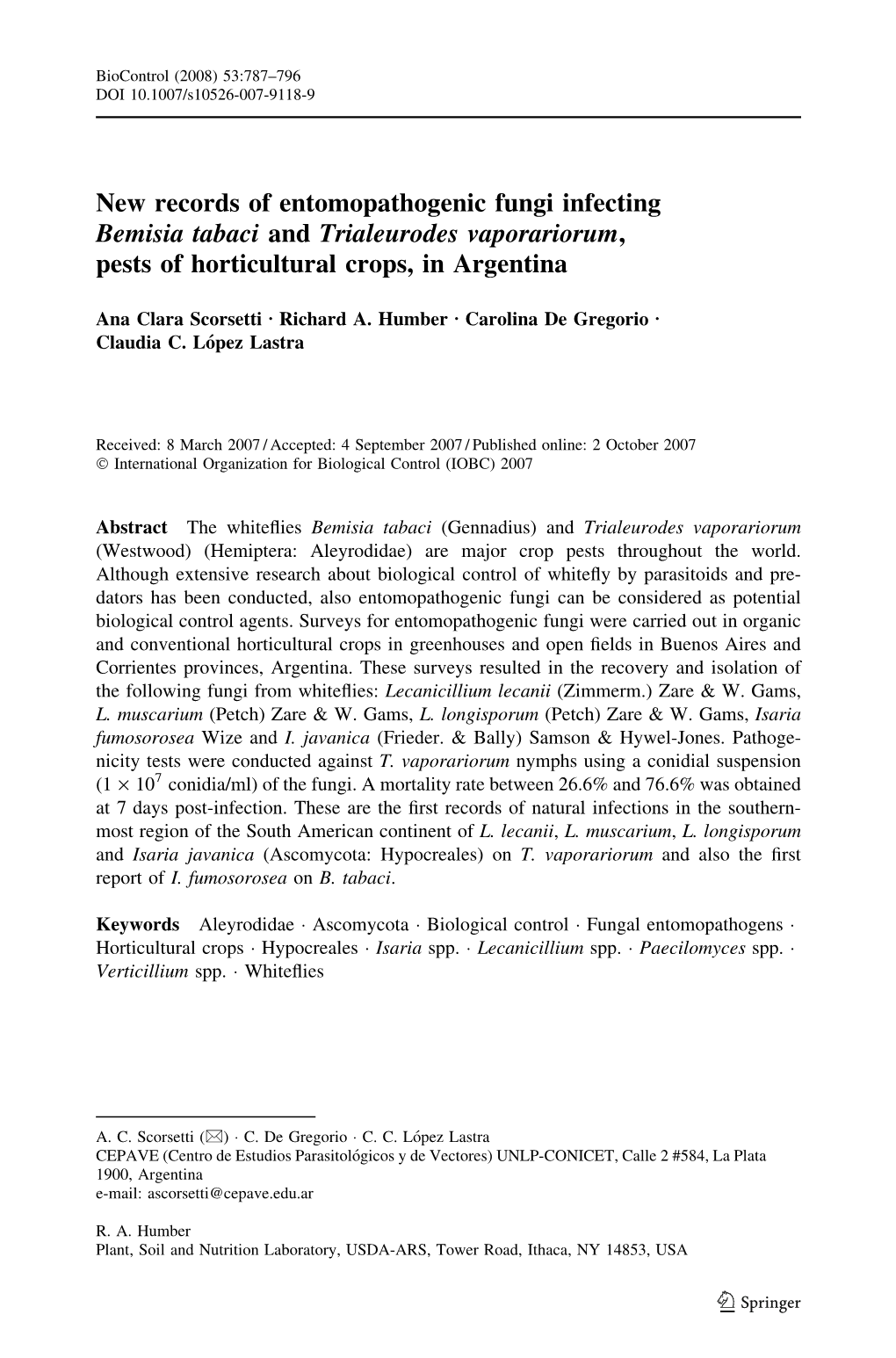 New Records of Entomopathogenic Fungi Infecting Bemisia Tabaci and Trialeurodes Vaporariorum, Pests of Horticultural Crops, in Argentina