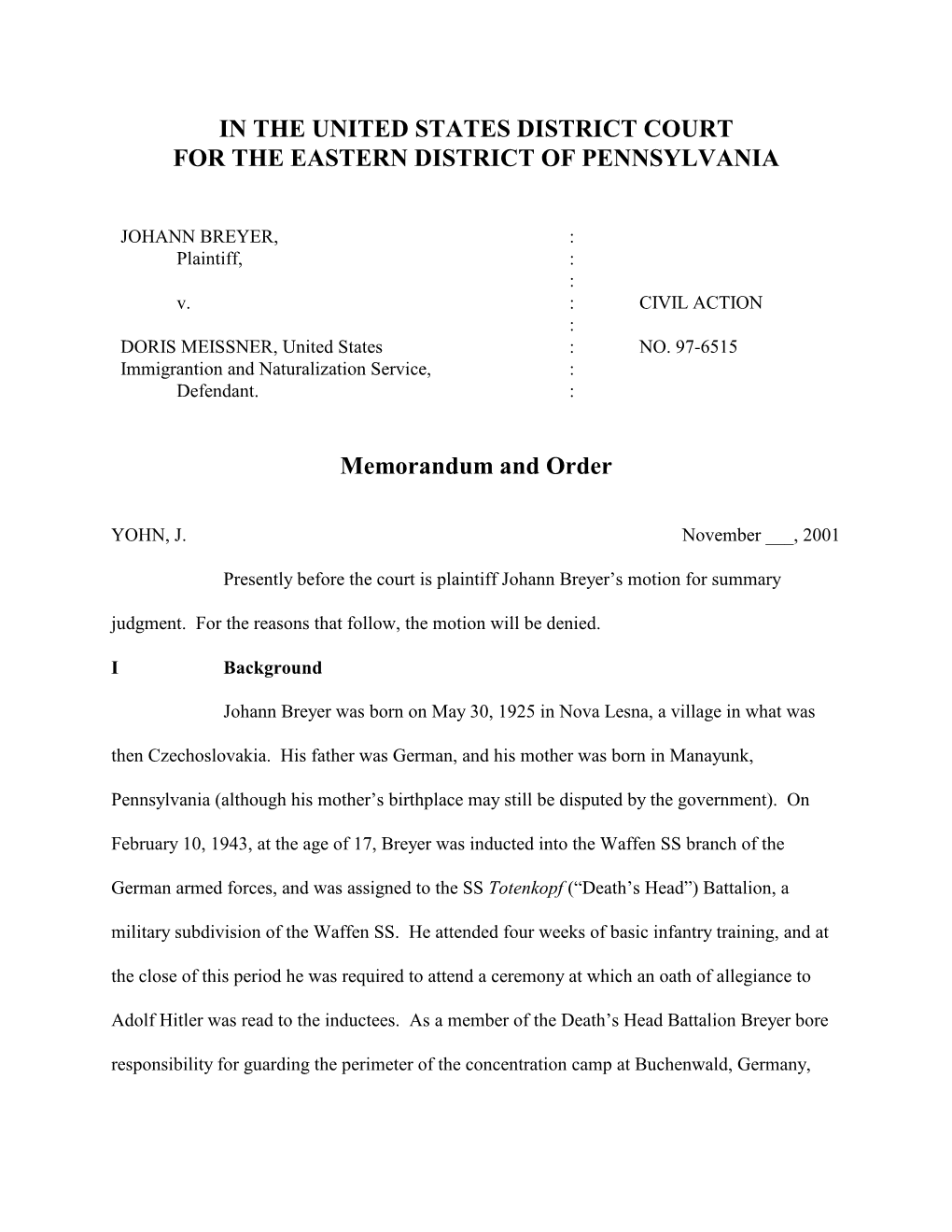 IN the UNITED STATES DISTRICT COURT for the EASTERN DISTRICT of PENNSYLVANIA Memorandum and Order