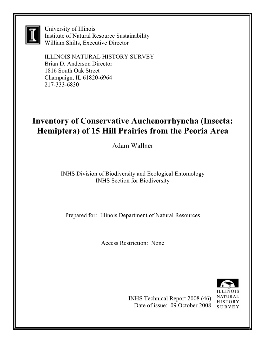 Inventory of Conservative Auchenorrhyncha (Insecta: Hemiptera) of 15 Hill Prairies from the Peoria Area