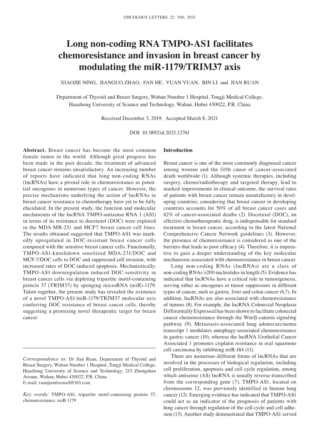 Long Non‑Coding RNA TMPO‑AS1 Facilitates Chemoresistance and Invasion in Breast Cancer by Modulating the Mir‑1179/TRIM37 Axis