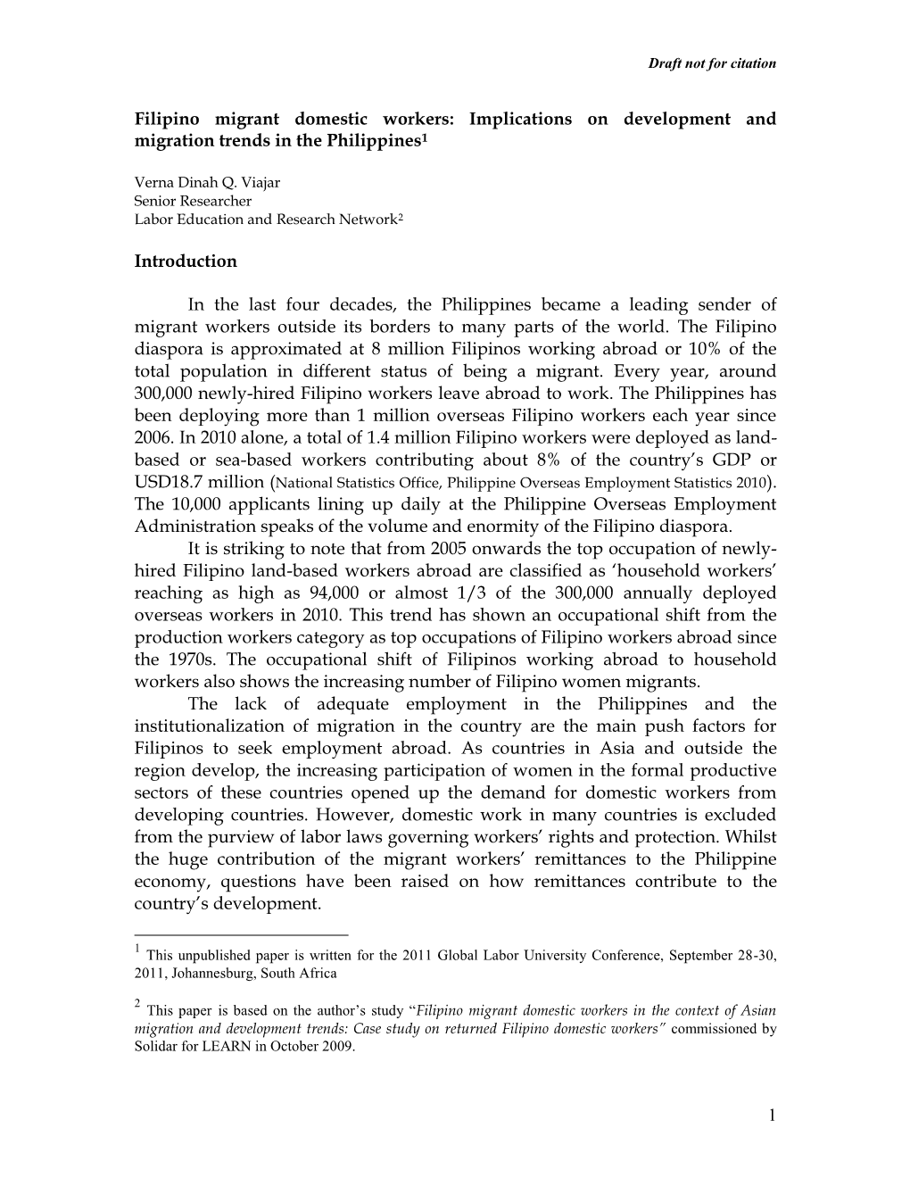 Filipino Migrant Domestic Workers: Implications on Development and Migration Trends in the Philippines1