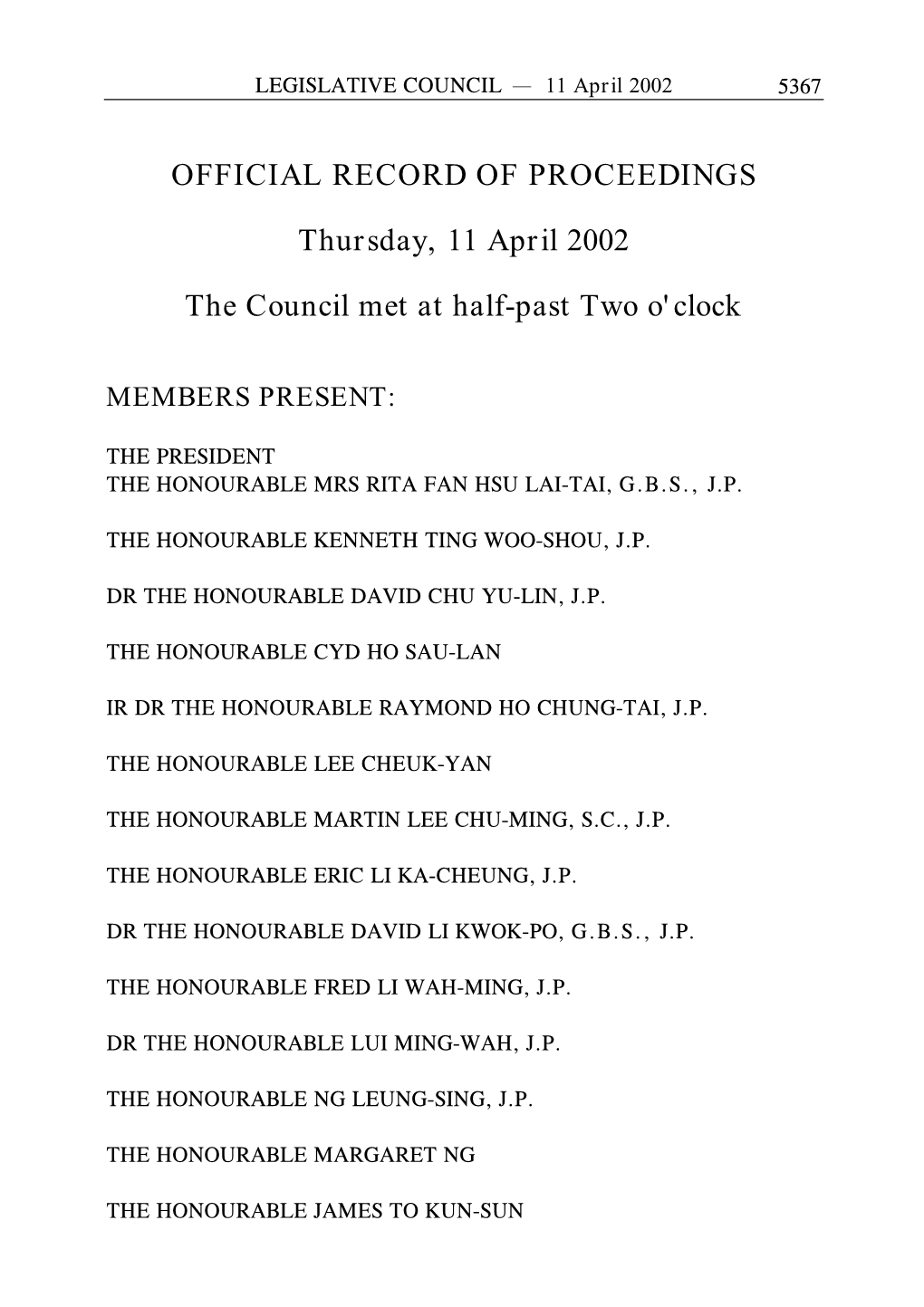 OFFICIAL RECORD of PROCEEDINGS Thursday, 11 April