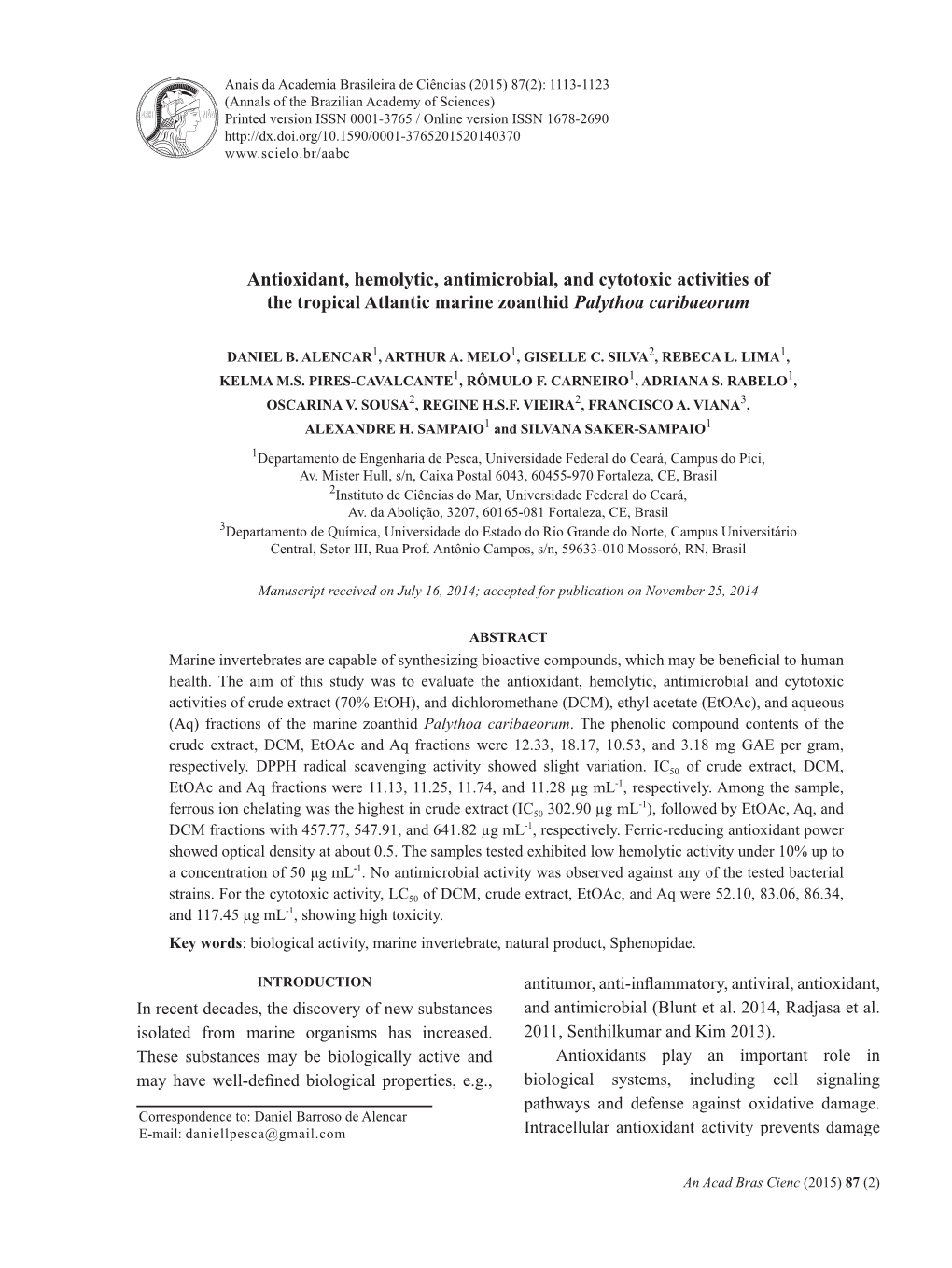 Antioxidant, Hemolytic, Antimicrobial, and Cytotoxic Activities of the Tropical Atlantic Marine Zoanthid Palythoa Caribaeorum