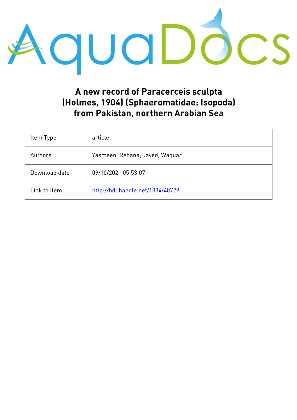 A New Record of Paracerceis Sculpta (Holmes, 1904) (Sphaeromatidae: Isopoda) from Pakistan, Northern Arabian Sea