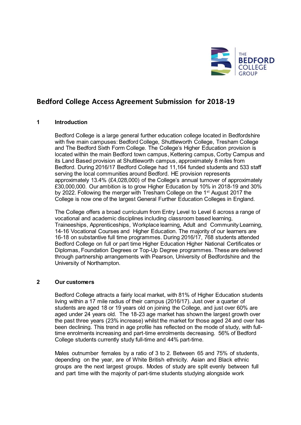 Bedford College Access Agreement Submission for 2018-19