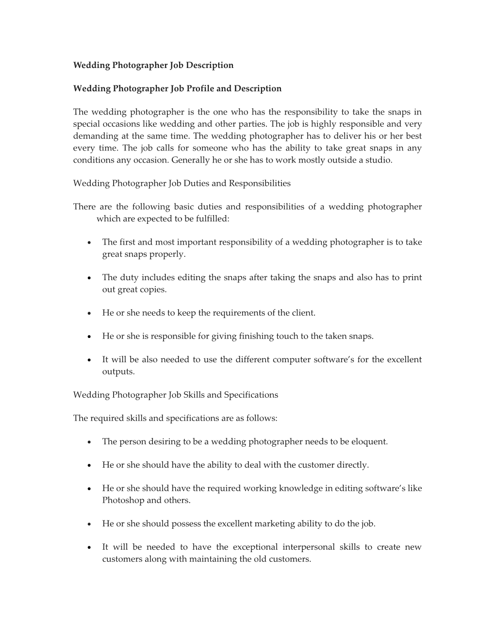 Wedding Photographer Job Description