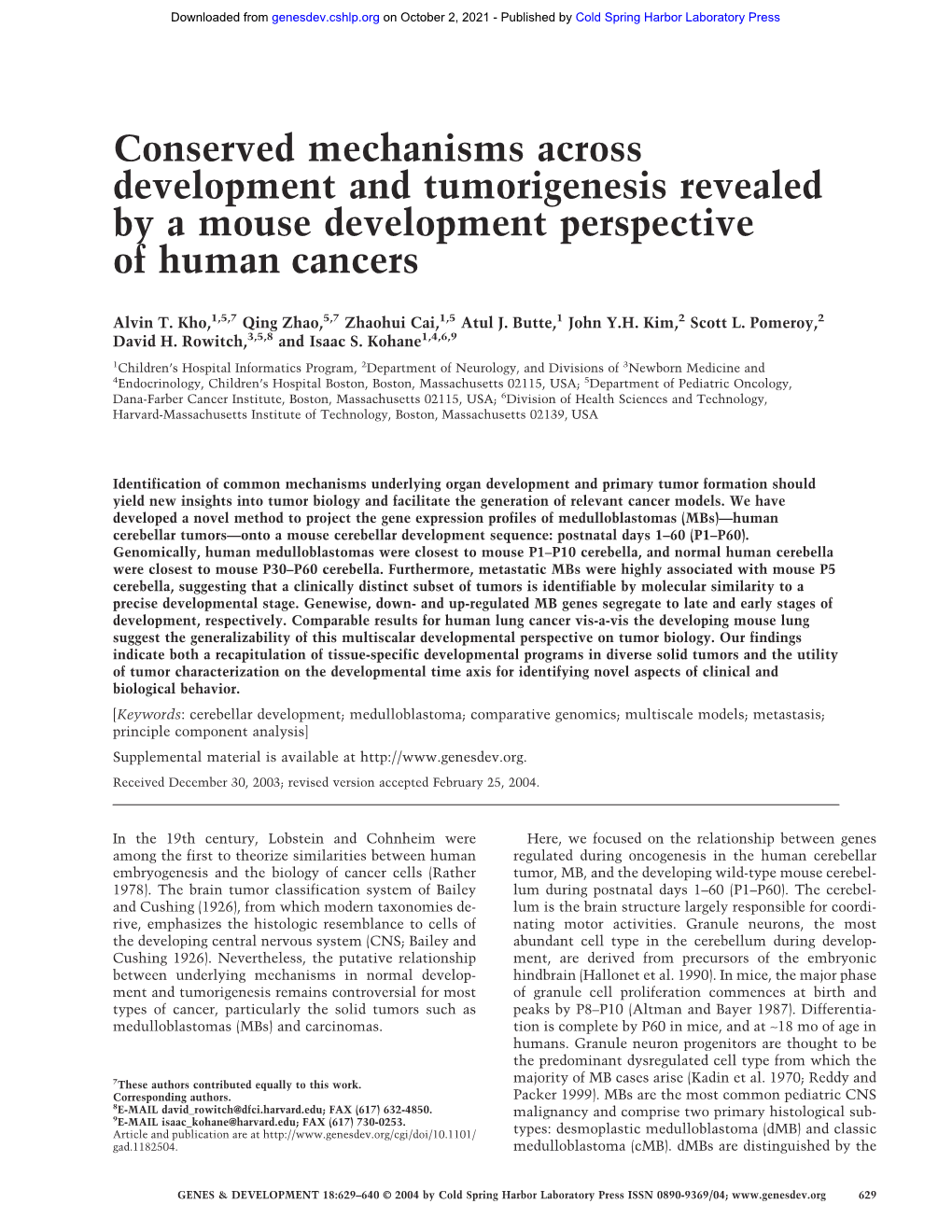 Conserved Mechanisms Across Development and Tumorigenesis Revealed by a Mouse Development Perspective of Human Cancers