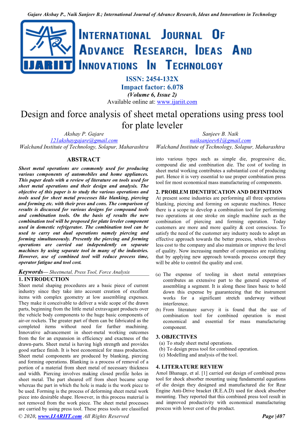 Design and Force Analysis of Sheet Metal Operations Using Press Tool for Plate Leveler Akshay P