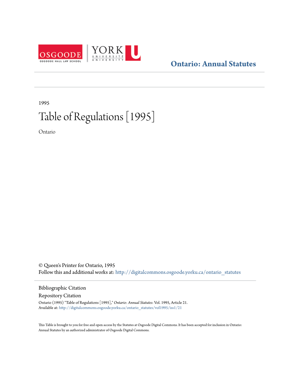 Table of Regulations [1995] Ontario