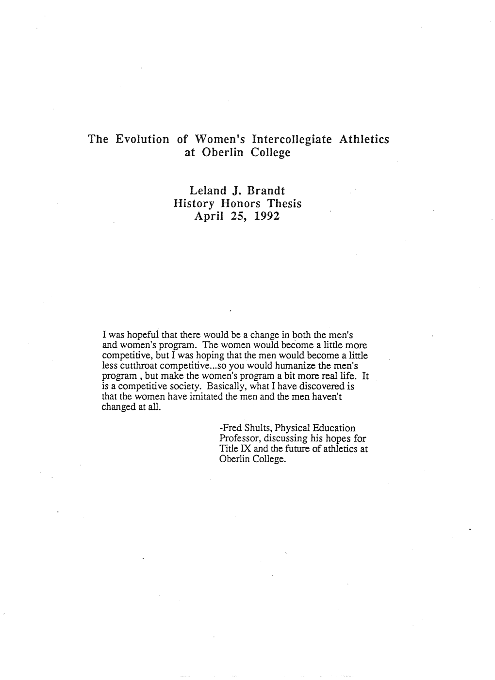 The Evolution of Women's Intercollegiate Athletics at Oberlin College