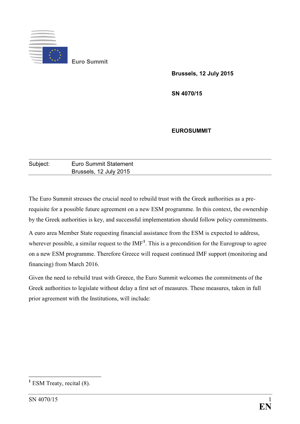 Euro Summit Statement Brussels, 12 July 2015