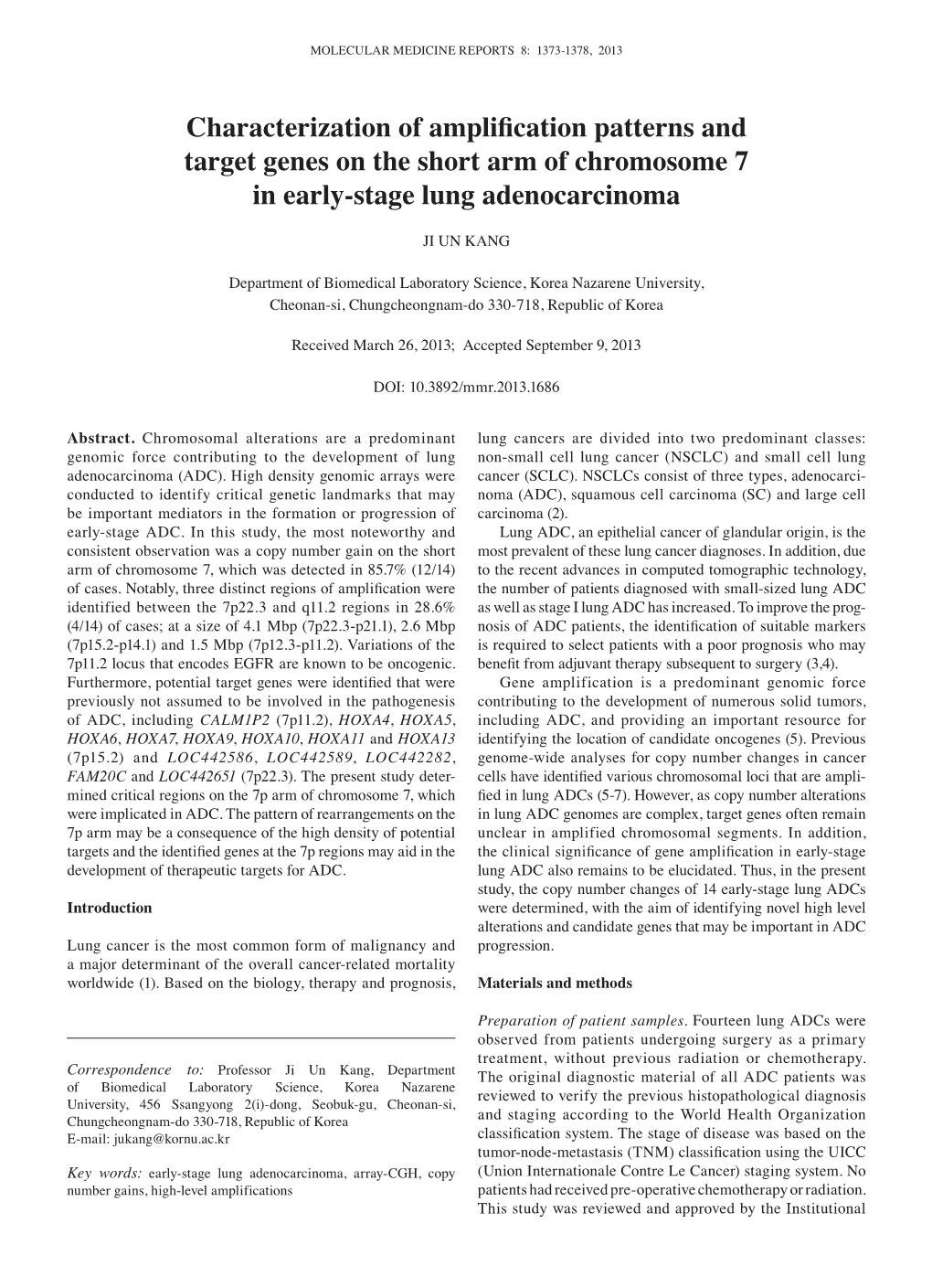 Characterization of Amplification Patterns and Target Genes on the Short Arm of Chromosome 7 in Early-Stage Lung Adenocarcinoma