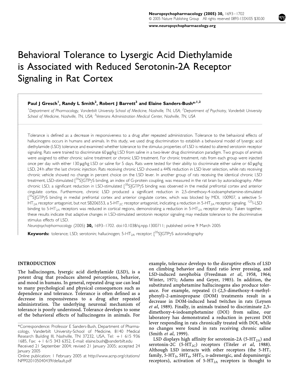 Behavioral Tolerance to Lysergic Acid Diethylamide Is Associated with Reduced Serotonin-2A Receptor Signaling in Rat Cortex