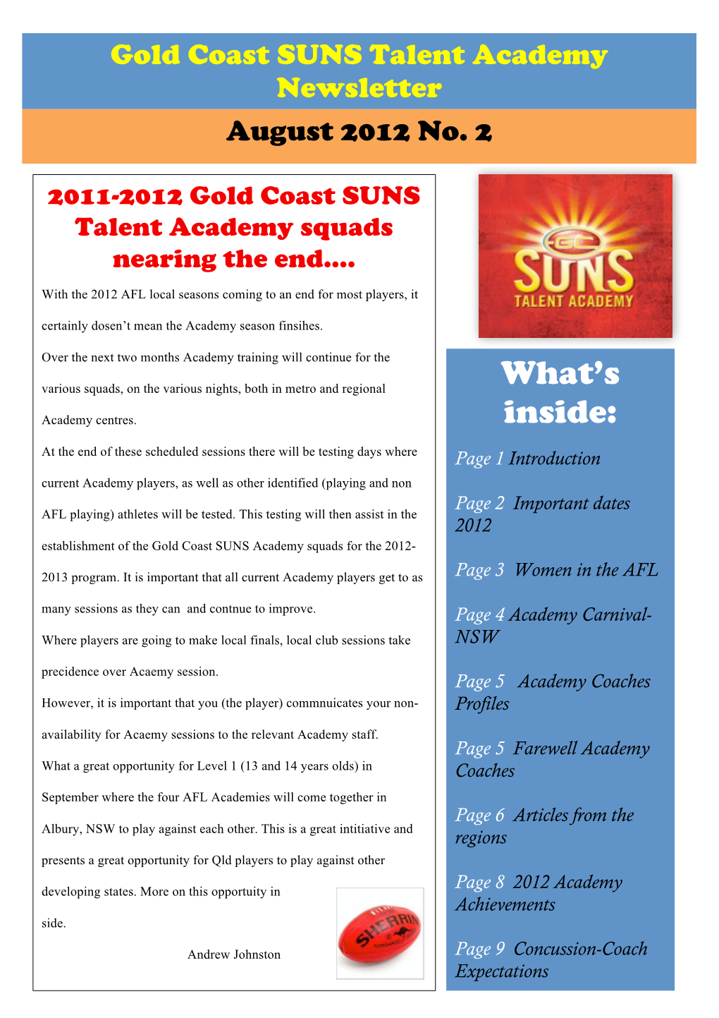 2011-2012 Gold Coast SUNS Talent Academy Squads Nearing the End…
