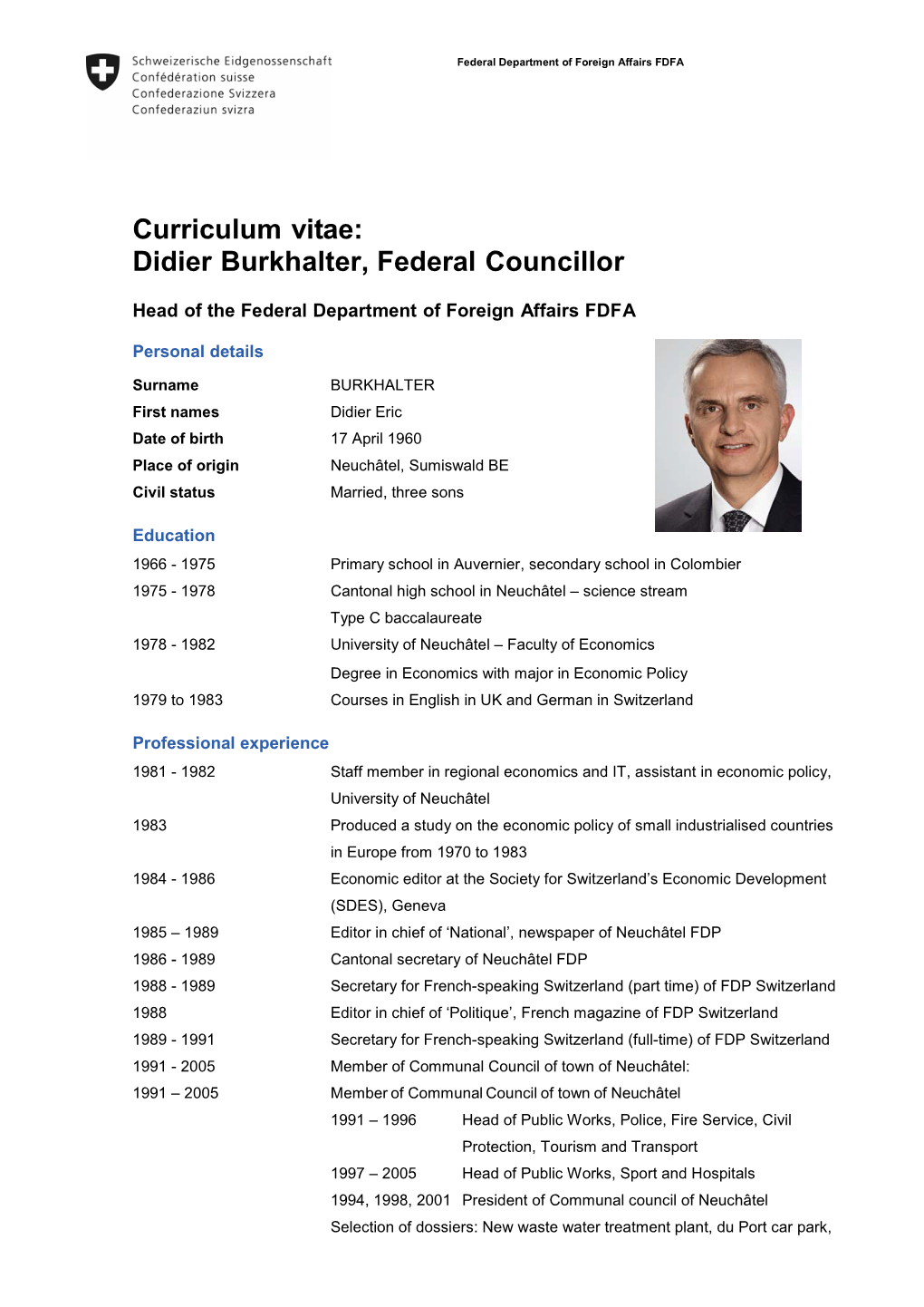 Curriculum Vitae: Didier Burkhalter, Federal Councillor