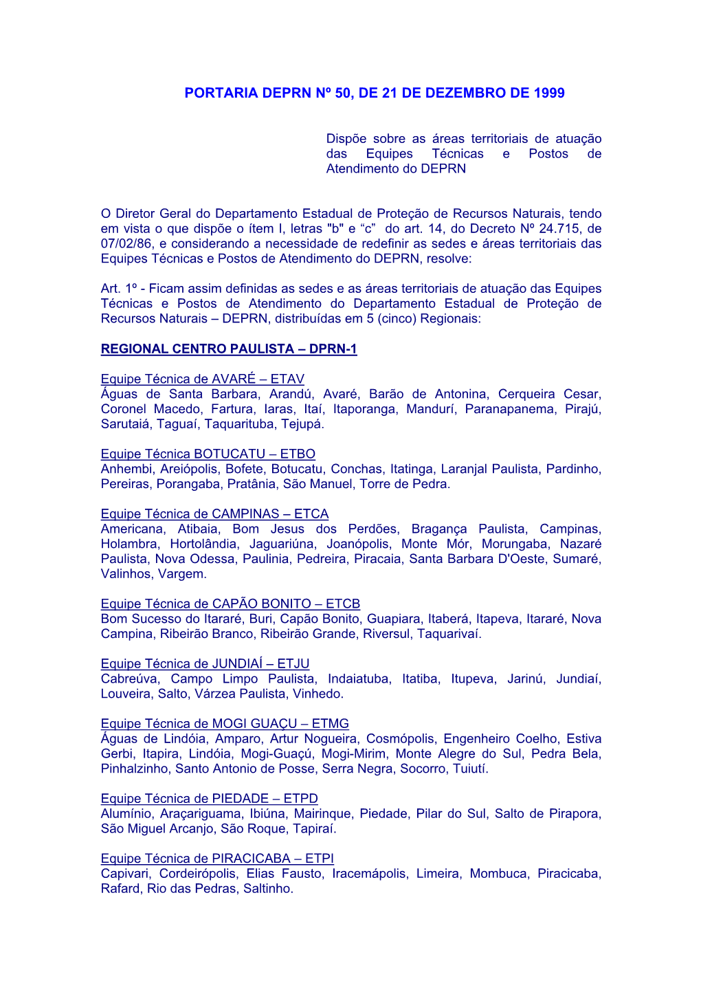 1999 Portaria DEPRN 50 Áreas Territoriais Atuação