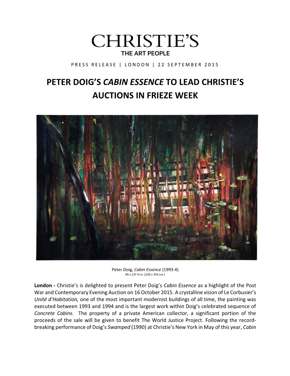 Peter Doig's Cabin Essence to Lead Christie's Auctions In