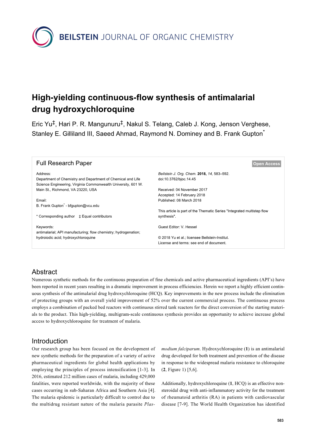 High-Yielding Continuous-Flow Synthesis of Antimalarial Drug Hydroxychloroquine