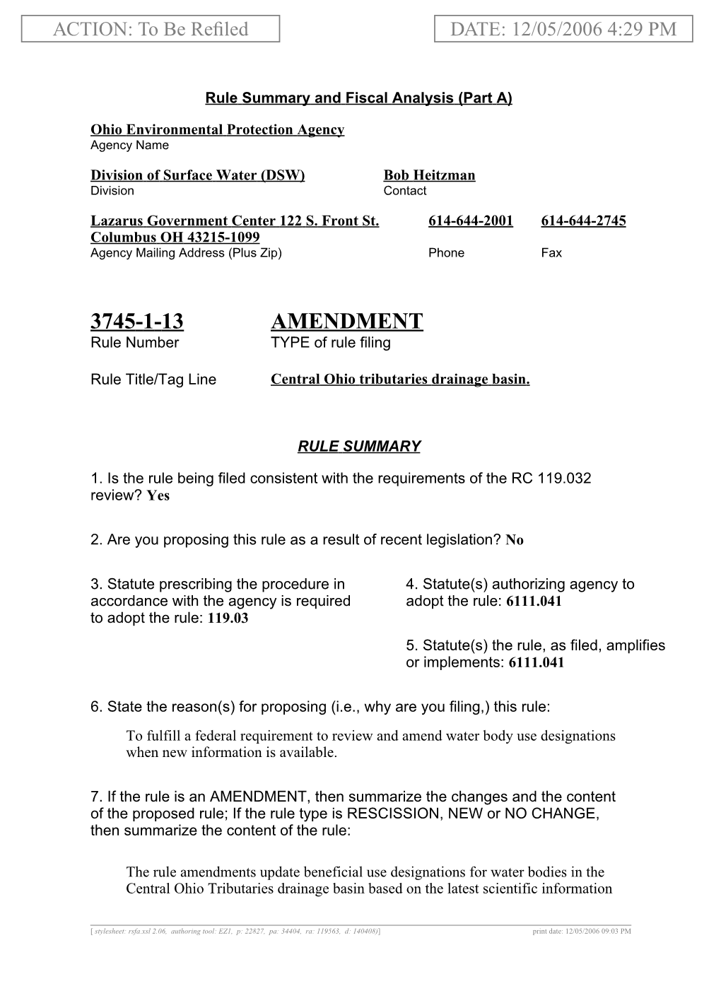 3745-1-13 AMENDMENT Rule Number TYPE of Rule Filing