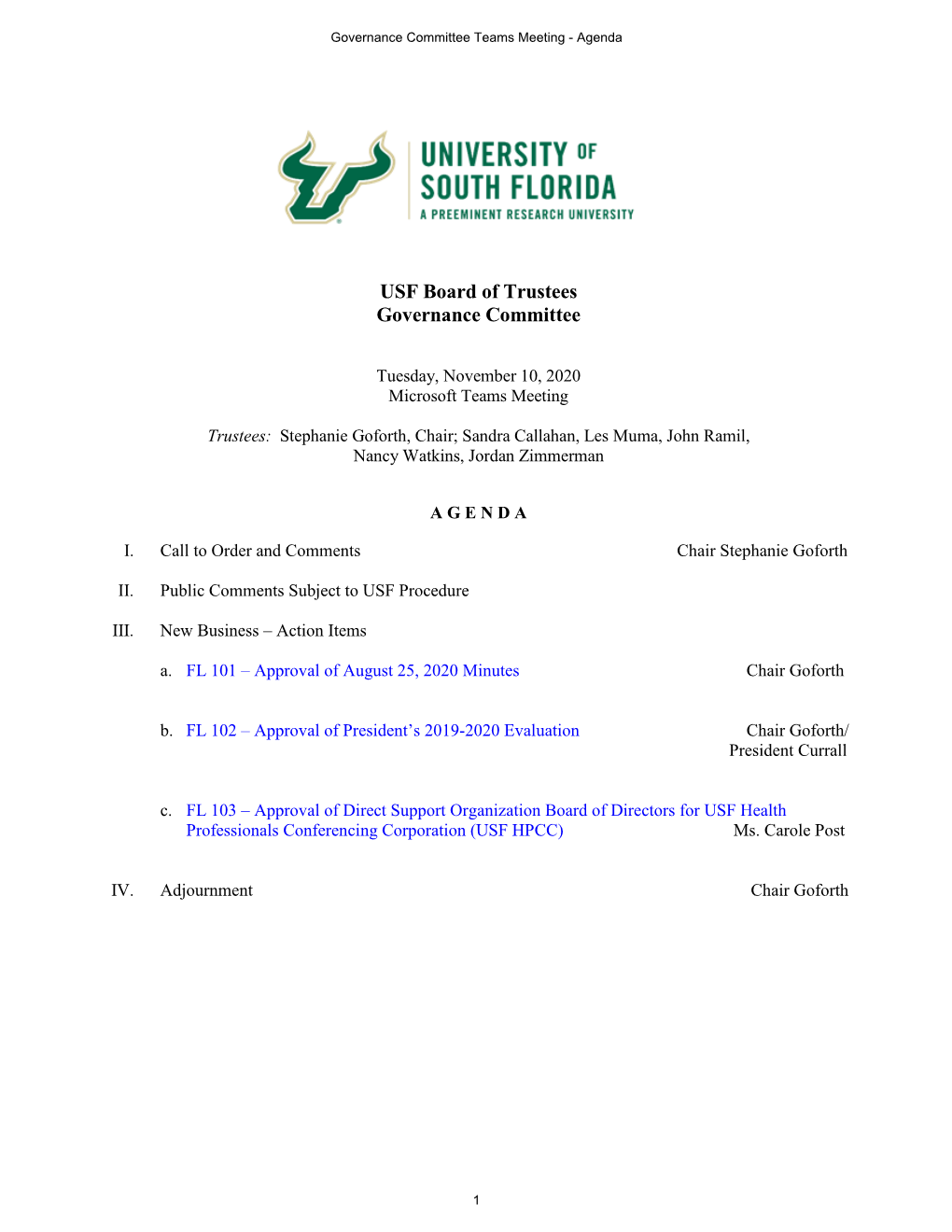 USF Board of Trustees Governance Committee