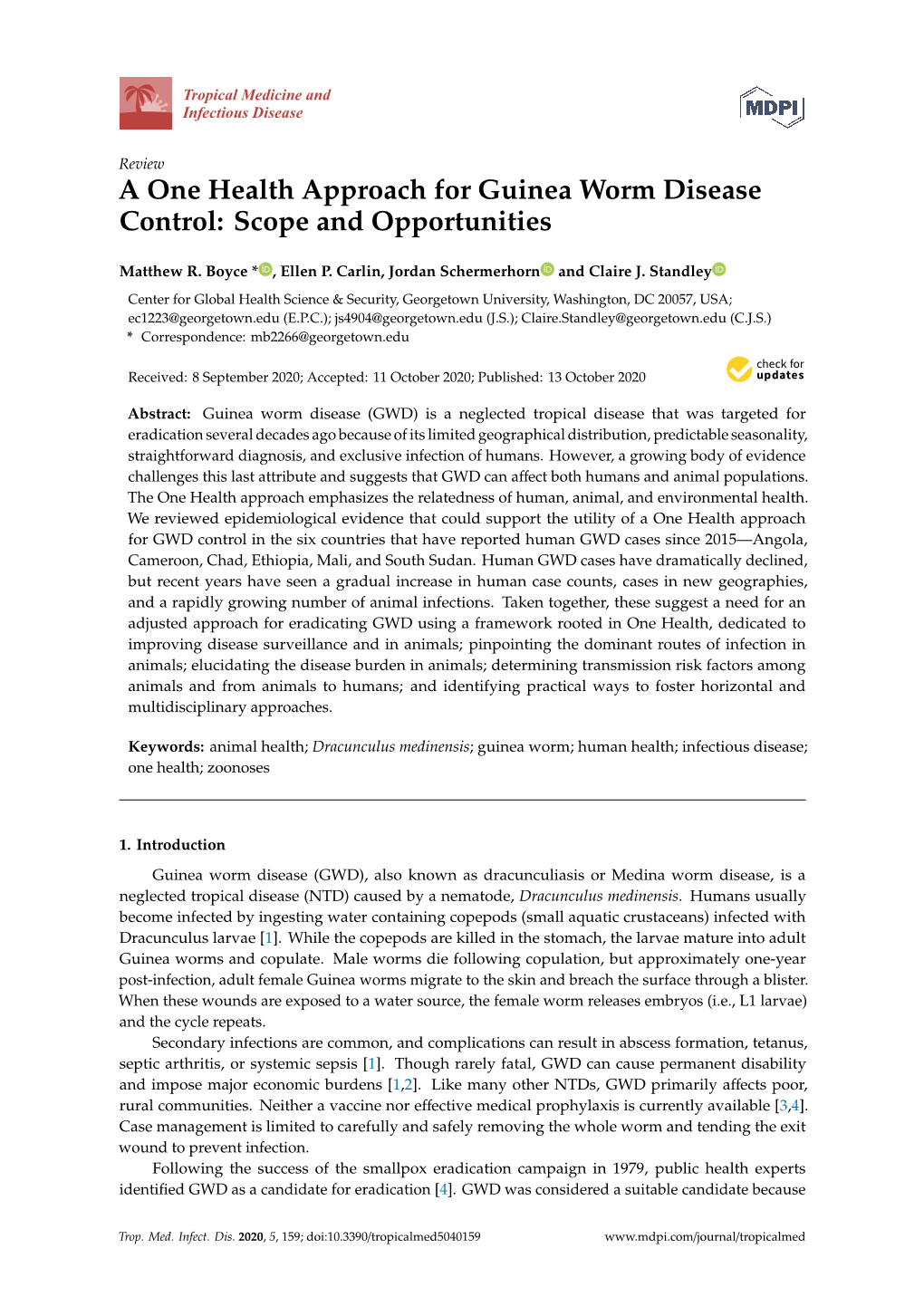 A One Health Approach for Guinea Worm Disease Control: Scope and Opportunities