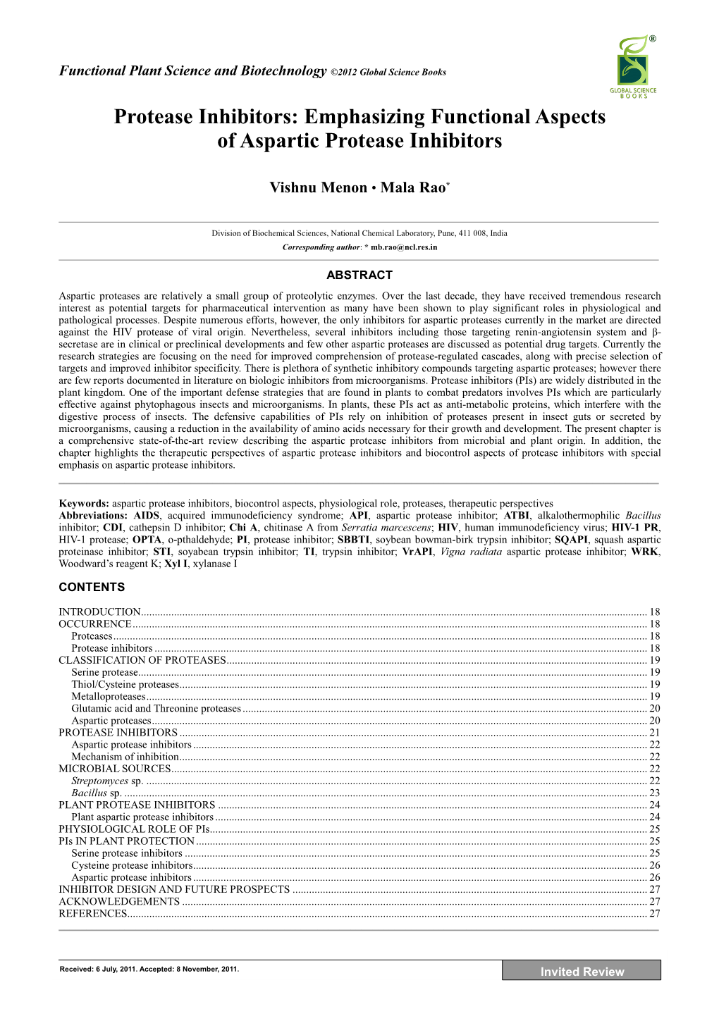 Protease Inhibitors: Emphasizing Functional Aspects of Aspartic Protease Inhibitors Vishnu Menon • Mala Rao*