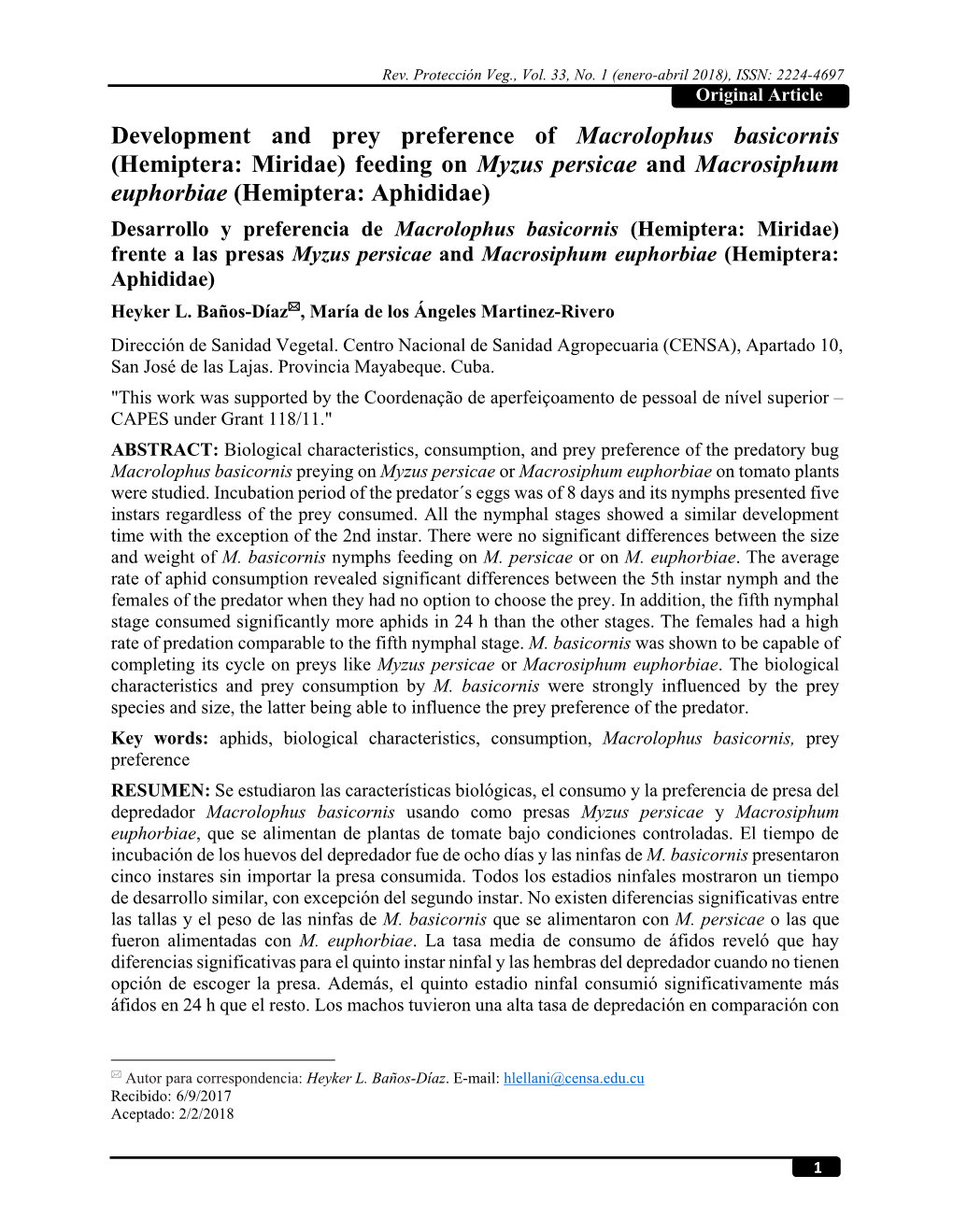 Development and Prey Preference of Macrolophus Basicornis (Hemiptera: Miridae) Feeding on Myzus Persicae and Macrosiphum Euphorb