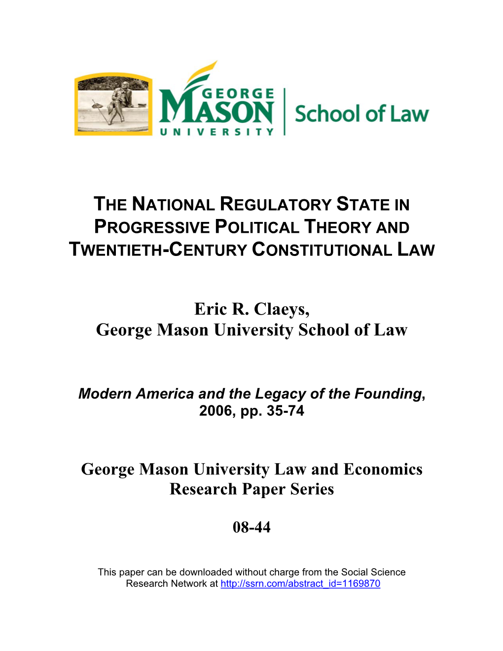 The National Regulatory State in Progressive Political Theory and Twentieth-Century Constitutional Law