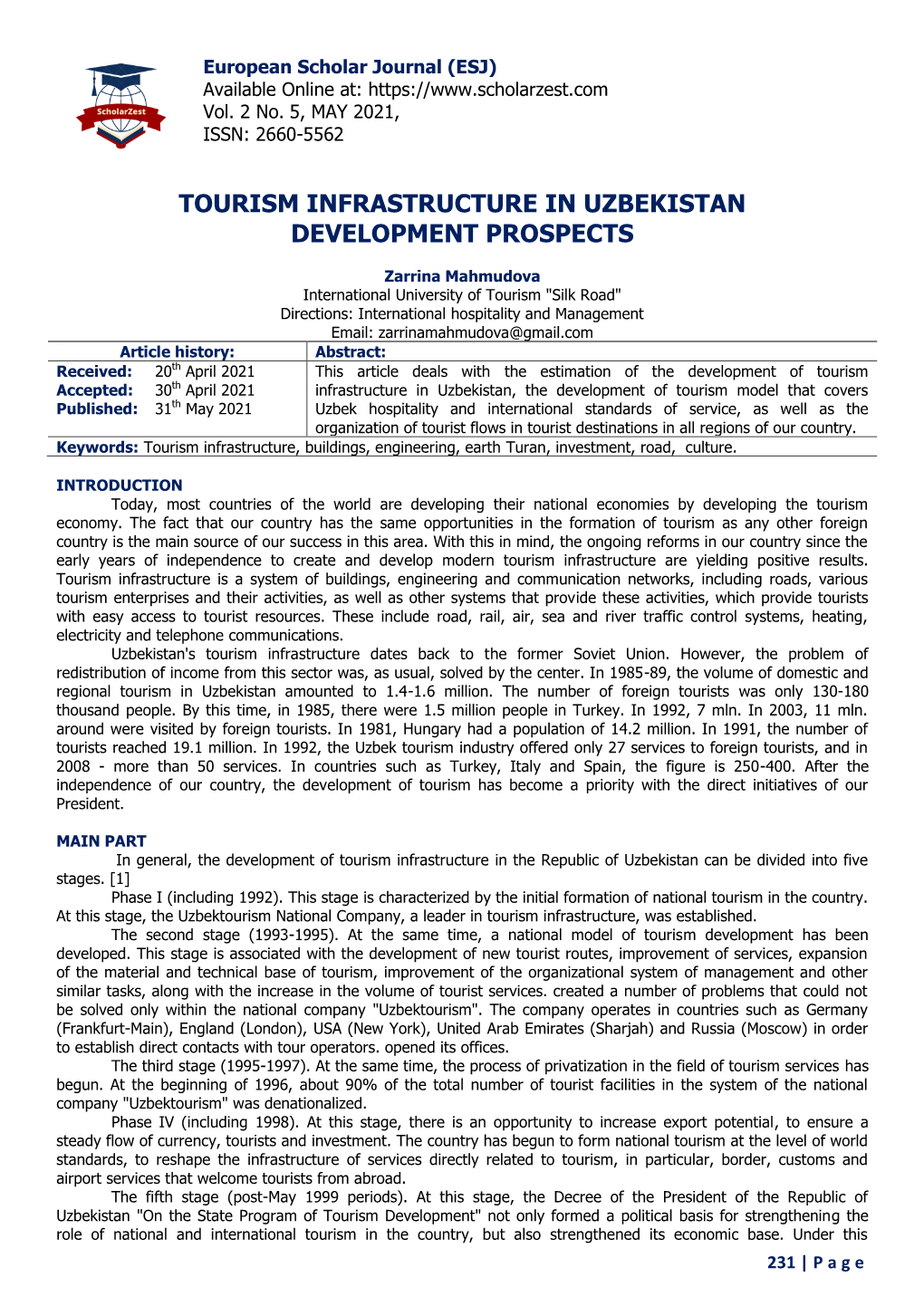 Tourism Infrastructure in Uzbekistan Development Prospects